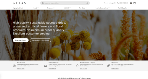 a screenshot of the homepage for www.atlasflowers.com