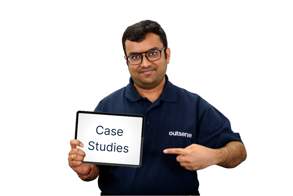 Our team member Raj holding a sign saying case studies