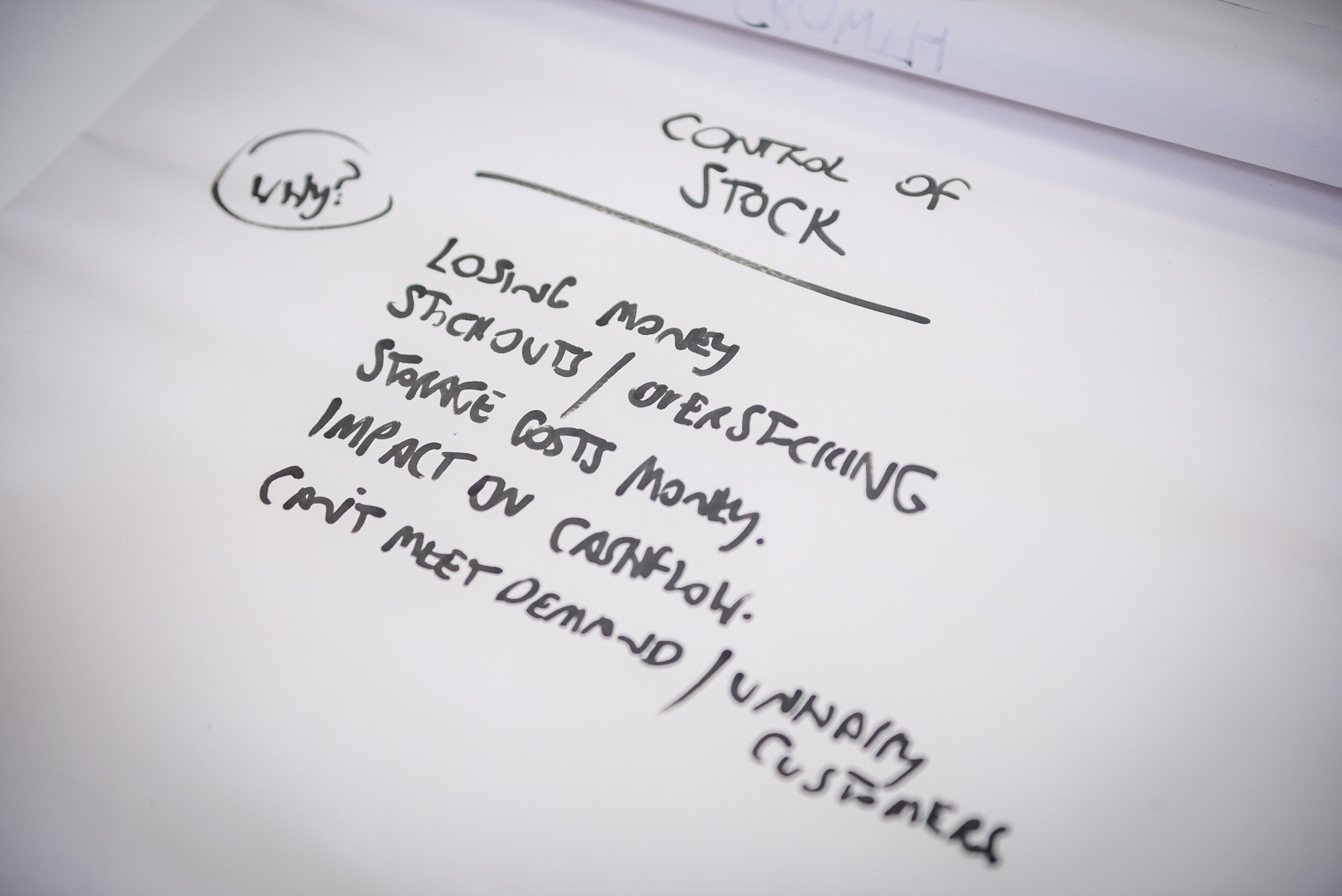 Close-up of handwritten notes discussing stock control issues like oversizing, cost, and impact on cash flow.