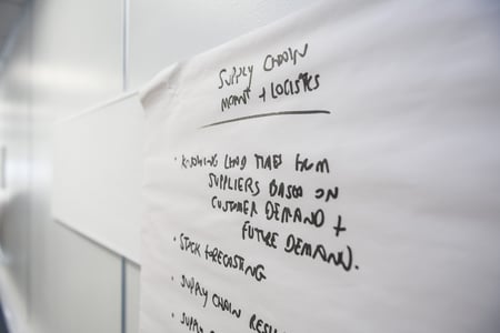 Close-up of handwritten notes on a flip chart discussing supply chain management and logistics, posted on a white office wall.